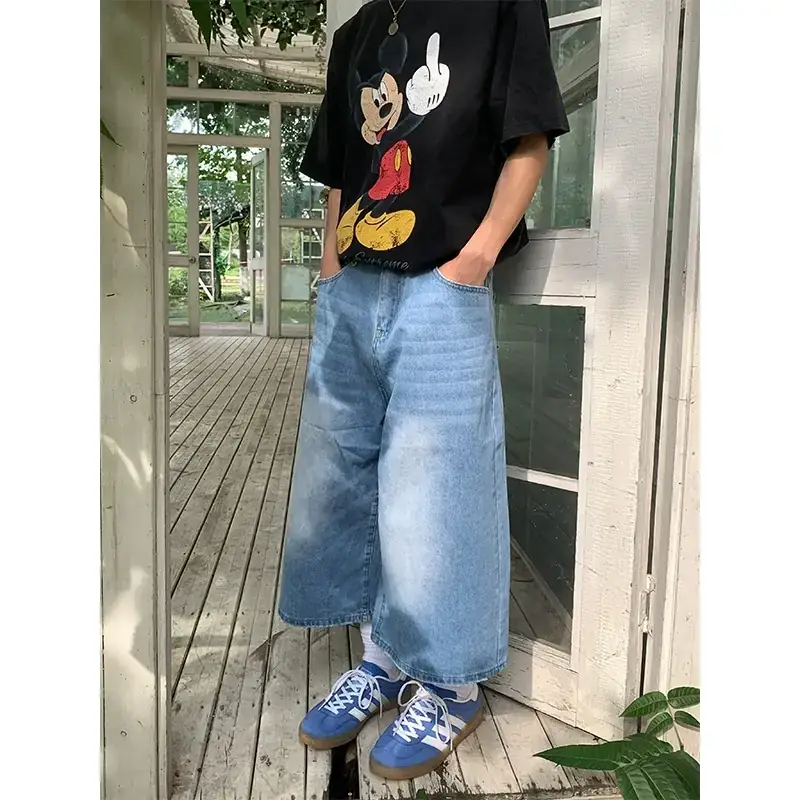 Vintage Washed Loose Fit Denim 3/4 Shorts